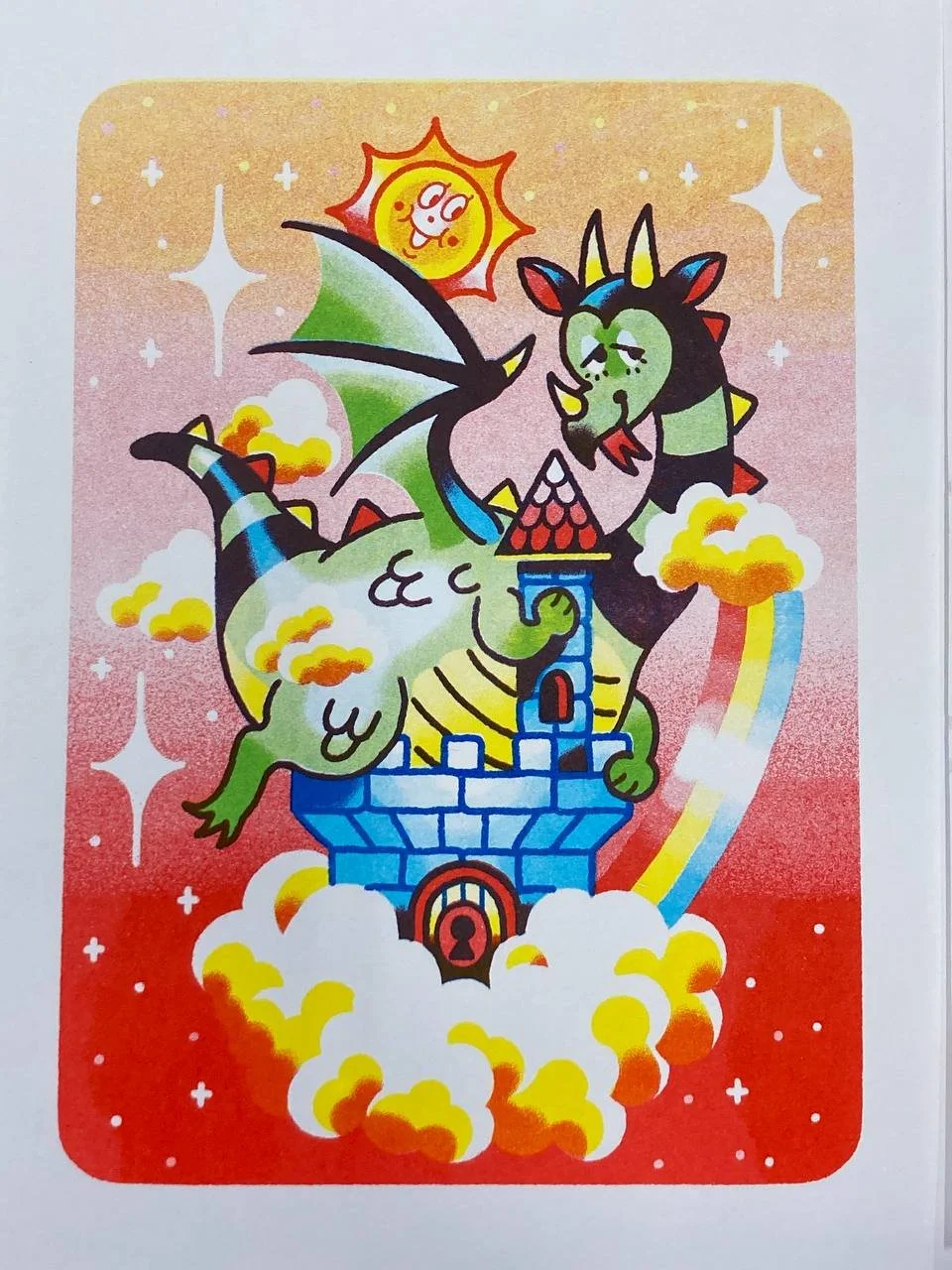 Yellow, aqua, kelly green and scarlet print on white paper. By Gus