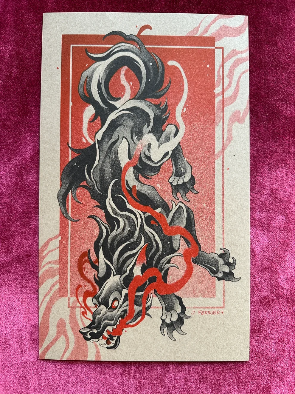 "Omen" scarlet and black print on craft paper. By Jay Ferrier / Jaystor 
