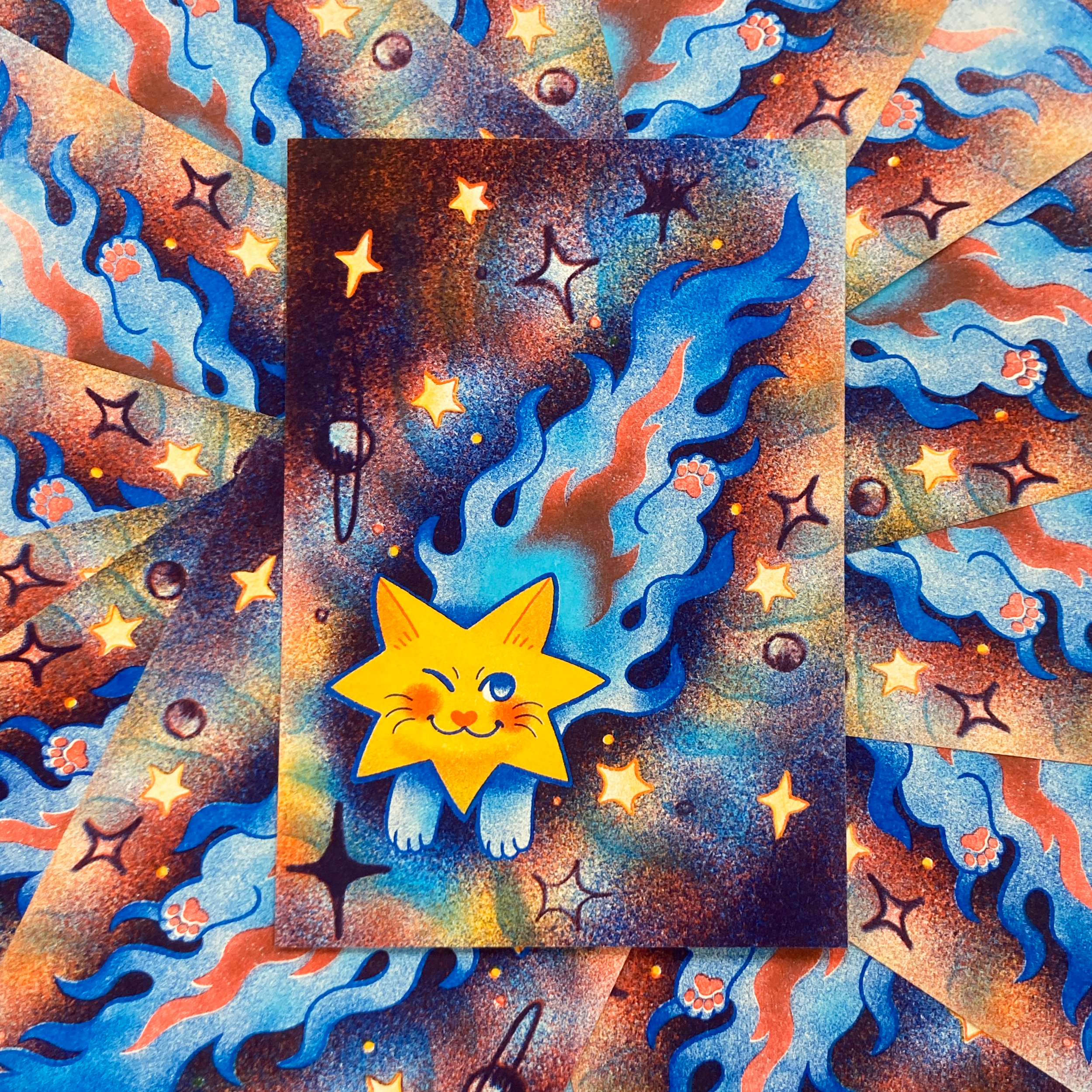 Aqua, blue, sunflower, and scarlet print on off white paper. By Liam / Beachw00f