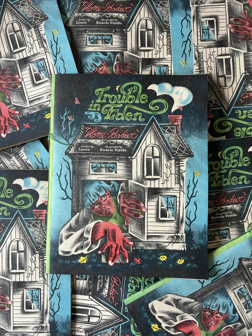 "Trouble in Eden: Homebodies" zine, yellow, aqua, scarlet and black ink on ivory paper. By Ricardo Diseño