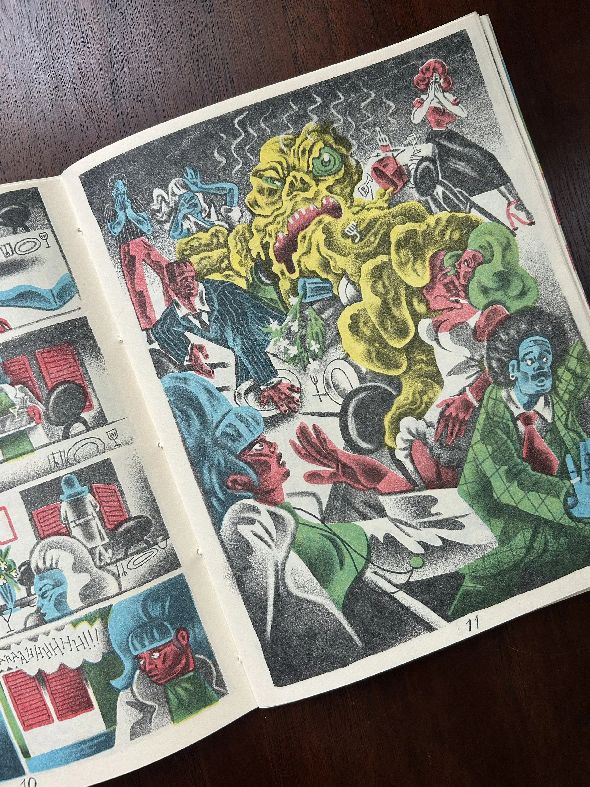 Spread from "Trouble in Eden: Homebodies" zine, yellow, aqua, scarlet and black ink on ivory paper. By Ricardo Diseño