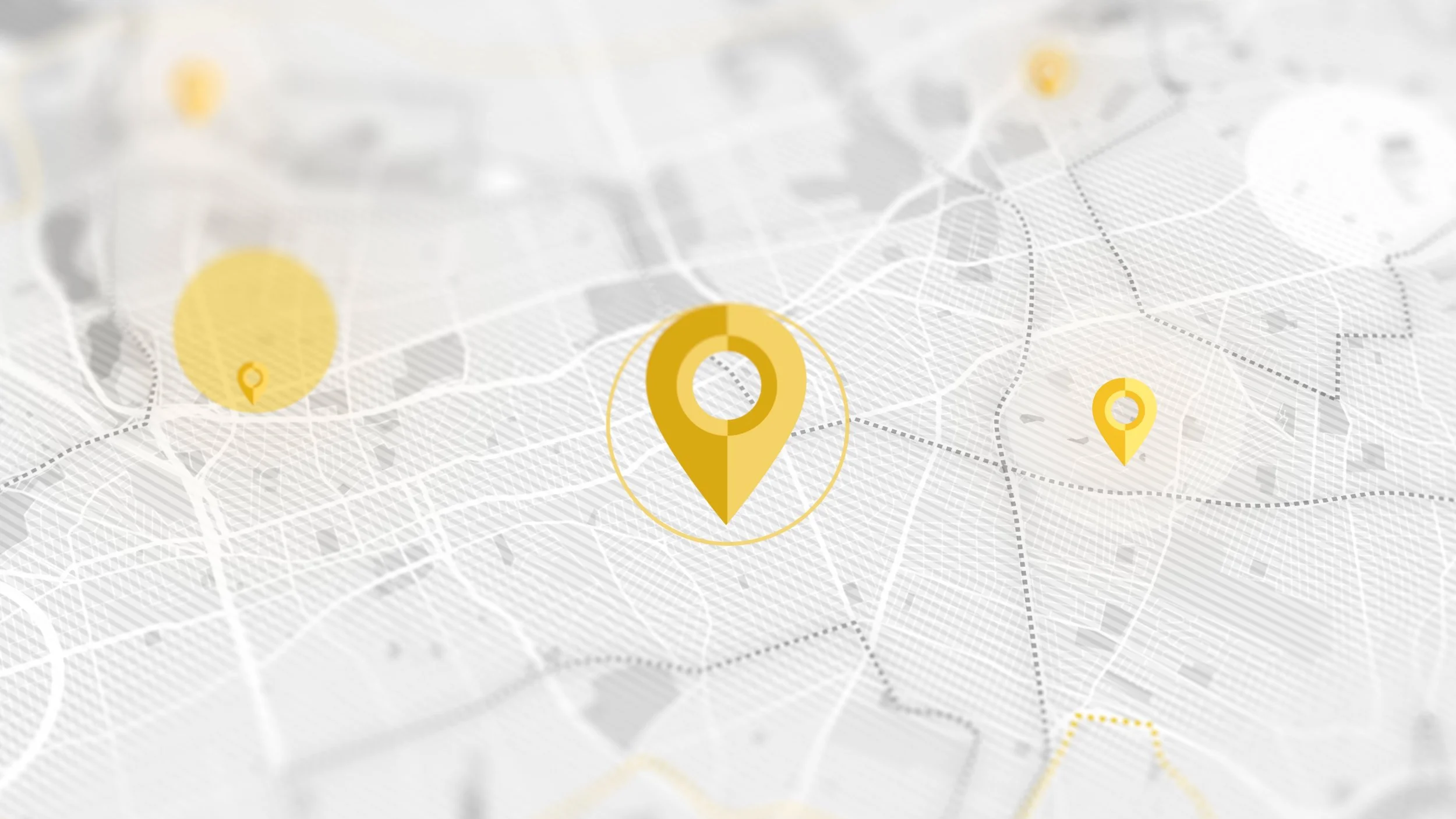 Digital map with multiple location pins, highlighting central pin in yellow.