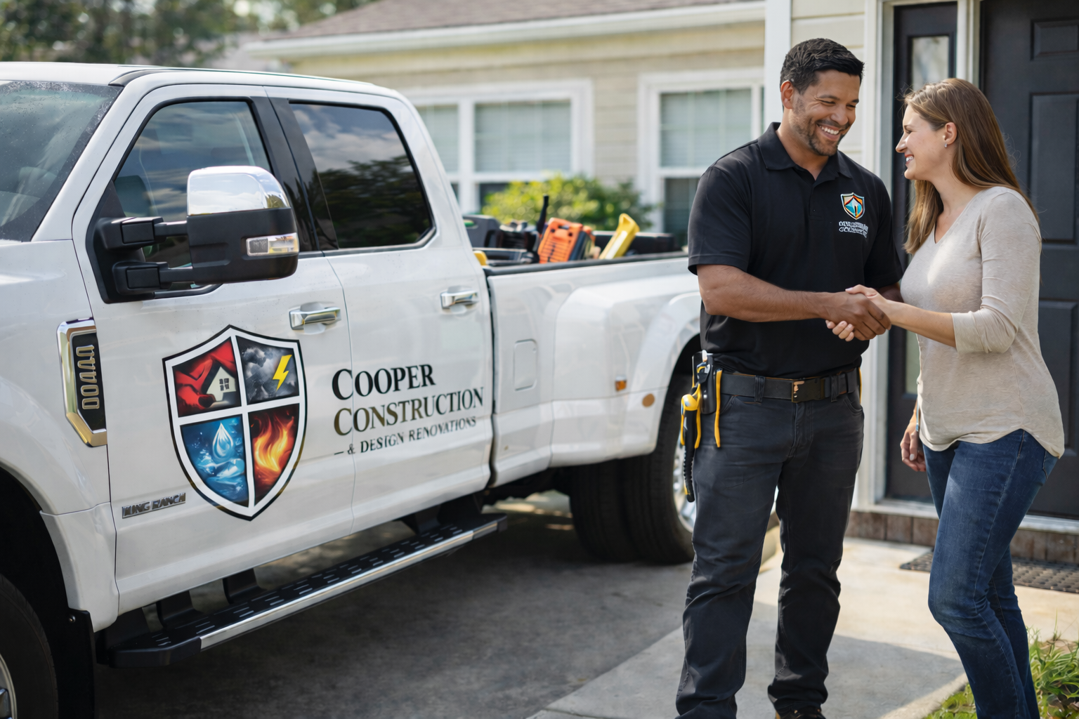 A man and woman shaking hands in front of a construction company's pickup truck, which has a logo with symbols of a house, lightning, water, and fire, and the text "Cooper Construction & Design Renovations." The man is wearing a black uniform with a branded logo, and the woman is wearing casual clothes.