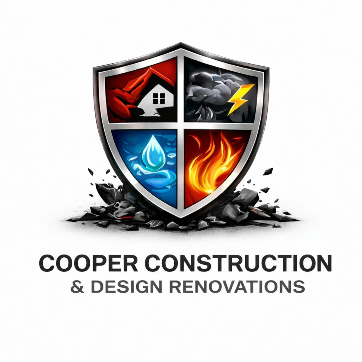 A shield divided into four quadrants with icons representing different elements: a house with a red roof for home construction, a tornado with storm clouds and a lightning bolt for weather damage, a water droplet for water damage, and fire flames for fire damage. Below, the text reads "Cooper Construction & Design Renovations."