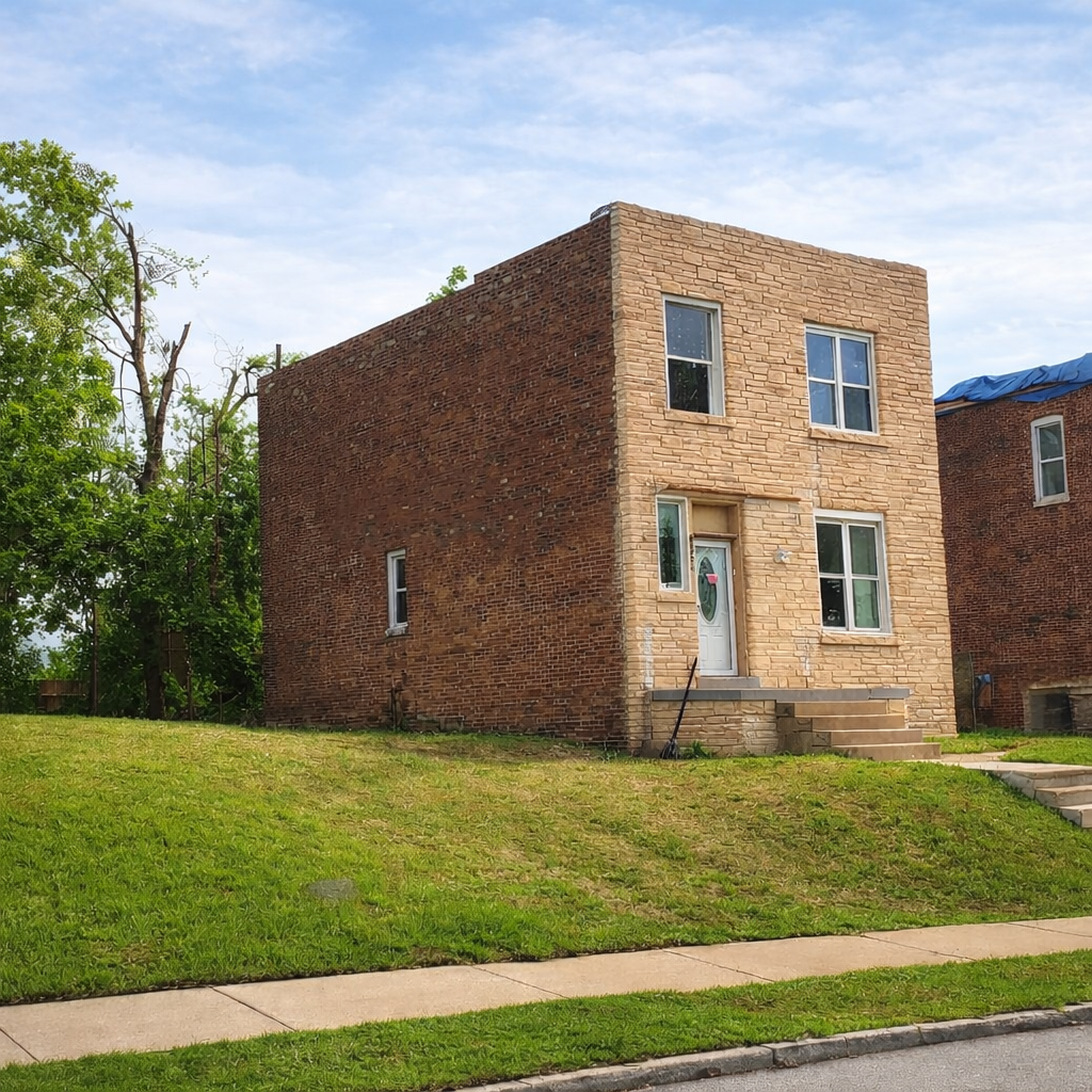 A two-story house made of brick with four windows and a front door, located on a grassy hill with a sidewalk in front. The roof is partially covered with a blue tarp, and there are trees and a partly cloudy sky in the background.