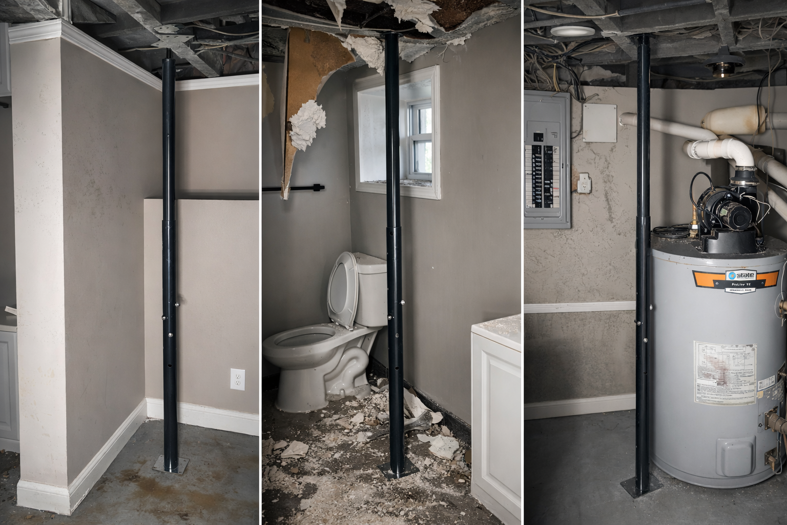 The image shows three stages of basement renovation with support beams. The first section depicts an empty basement corner with a black support pole. The second section shows a partially renovated bathroom with a toilet, unfinished drywall, and debris on the floor. The third section features a utility area with a water heater, pipes, electrical panel, and support pole, all in an unfinished basement environment.