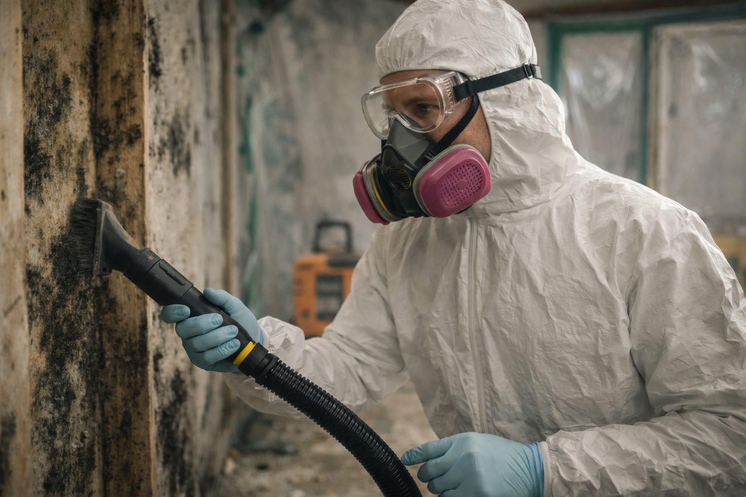 A person in protective gear using a handheld abrasive blaster on a wall.