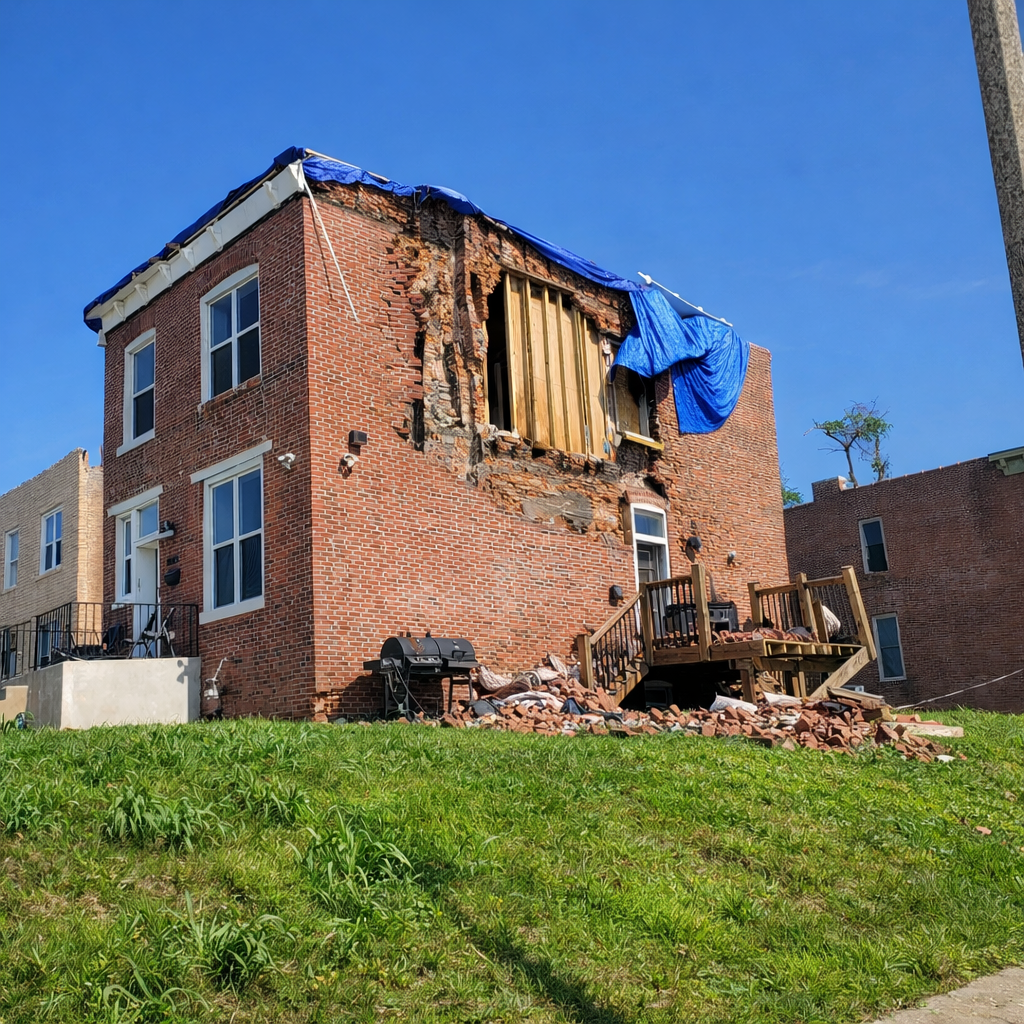 A two-story brick building with a large hole in the upper wall and a blue tarp hanging over it. Debris and bricks are scattered around the damaged area with an outdoor deck at the back and a small grassy yard.