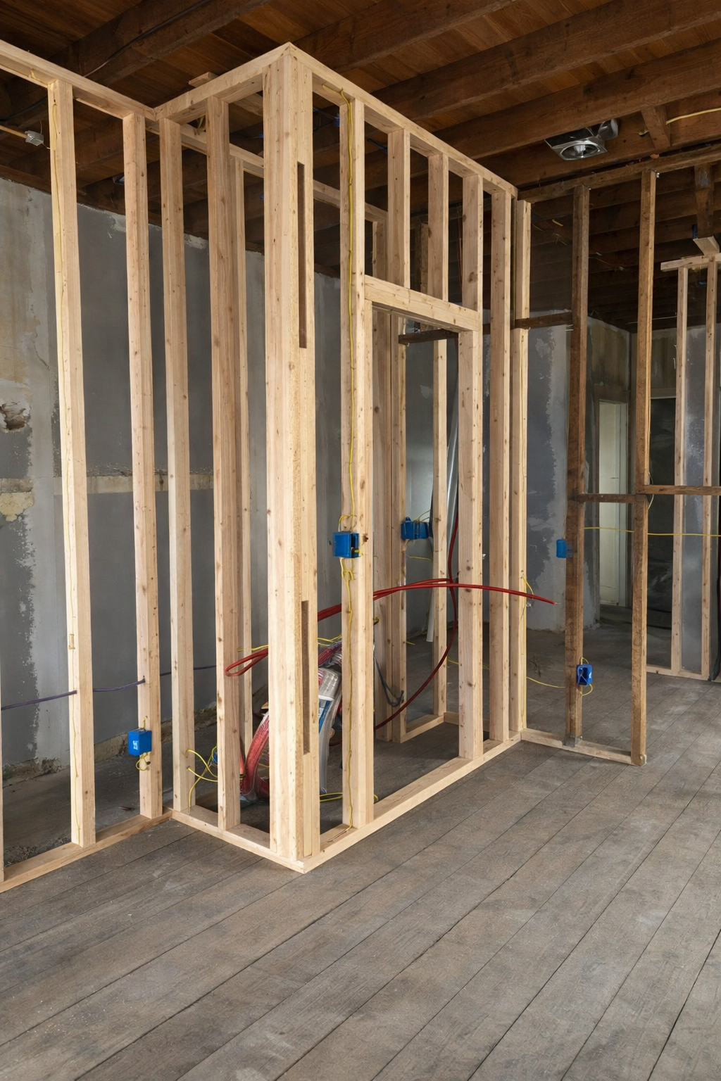 Interior view of a building under construction with exposed wooden framing, electrical wiring, and blue electrical boxes, with a unfinished wall and wooden floor.