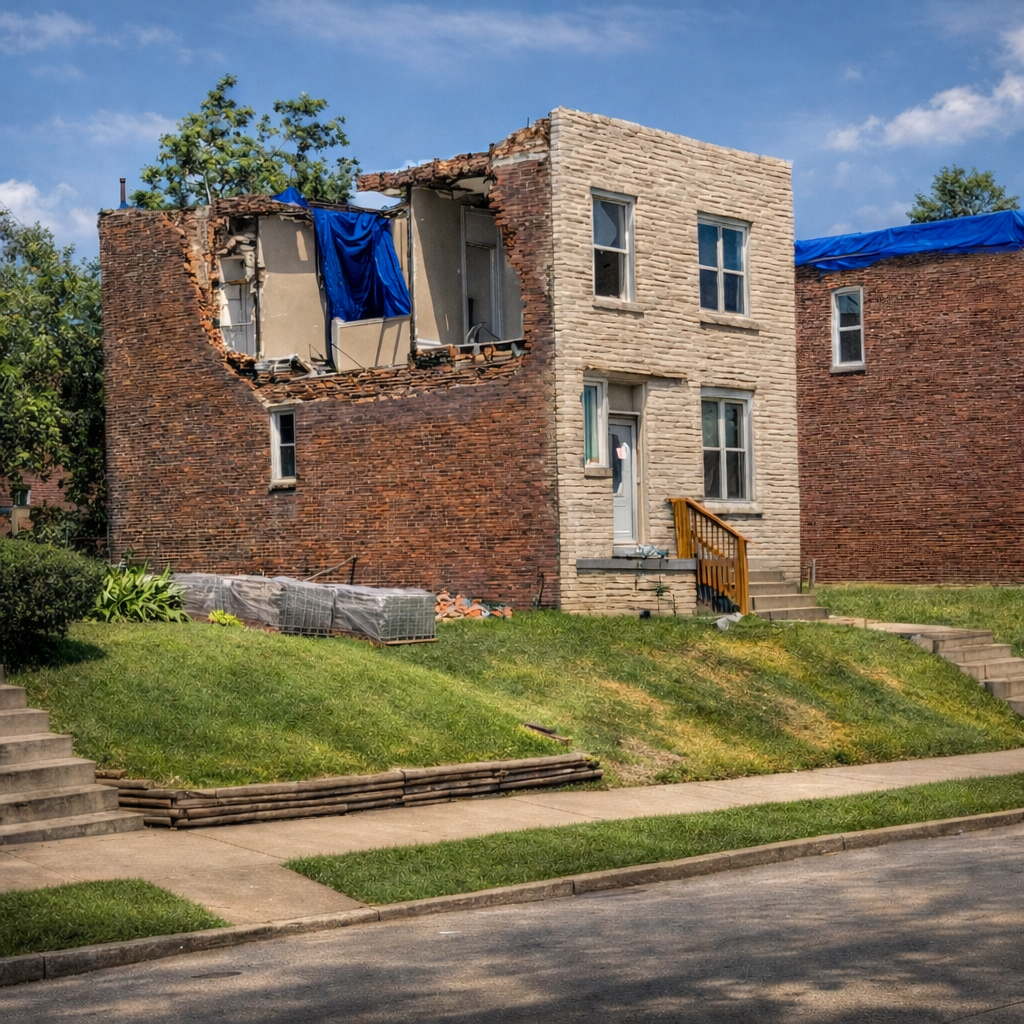 A damaged brick house with a partially collapsed upper floor, showing wooden beams and blue tarp covering an opening, with a front door, four windows, a small staircase, green lawn, and neighboring house visible.