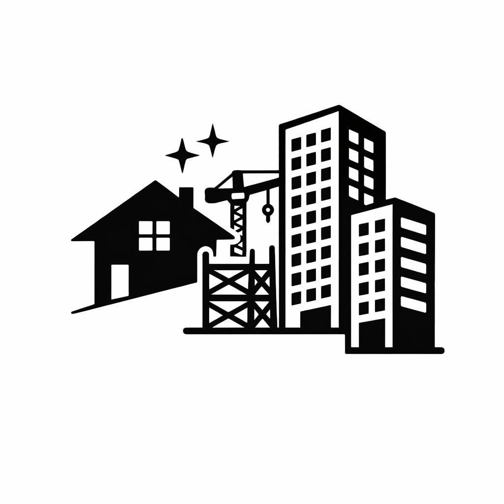 Silhouette of a house and tall buildings under construction, with a crane, depicted in black and white.