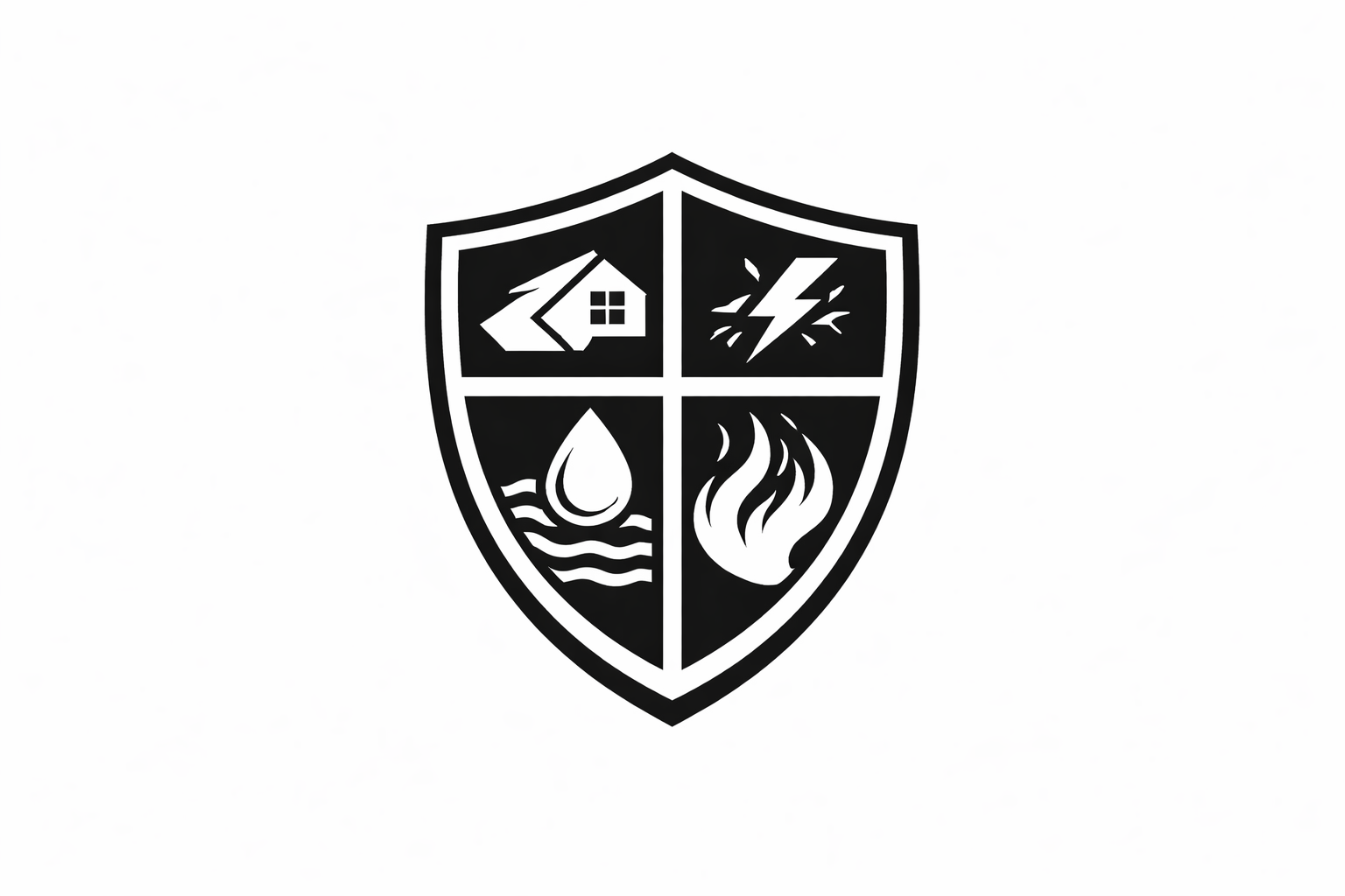 A black and white emblem divided into four sections, featuring symbols of a house with a roof, lightning bolt, water droplet with waves, and a fire flame.