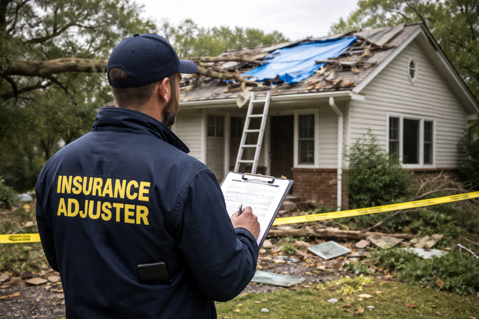 Insurance adjuster writing notes in front of a damaged house with a collapsed roof covered partially with blue tarp, debris on the ground, and yellow caution tape surrounding the scene.
