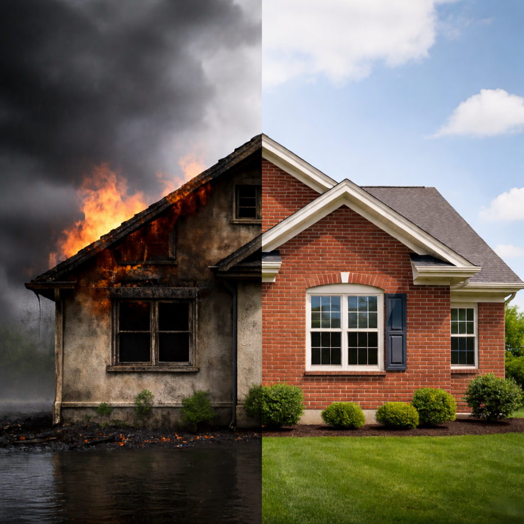A house divided into two halves: on the left, the house is burning, with dark smoke and flames consuming it; on the right, the house is intact, with a tidy lawn and a bright, clear sky.