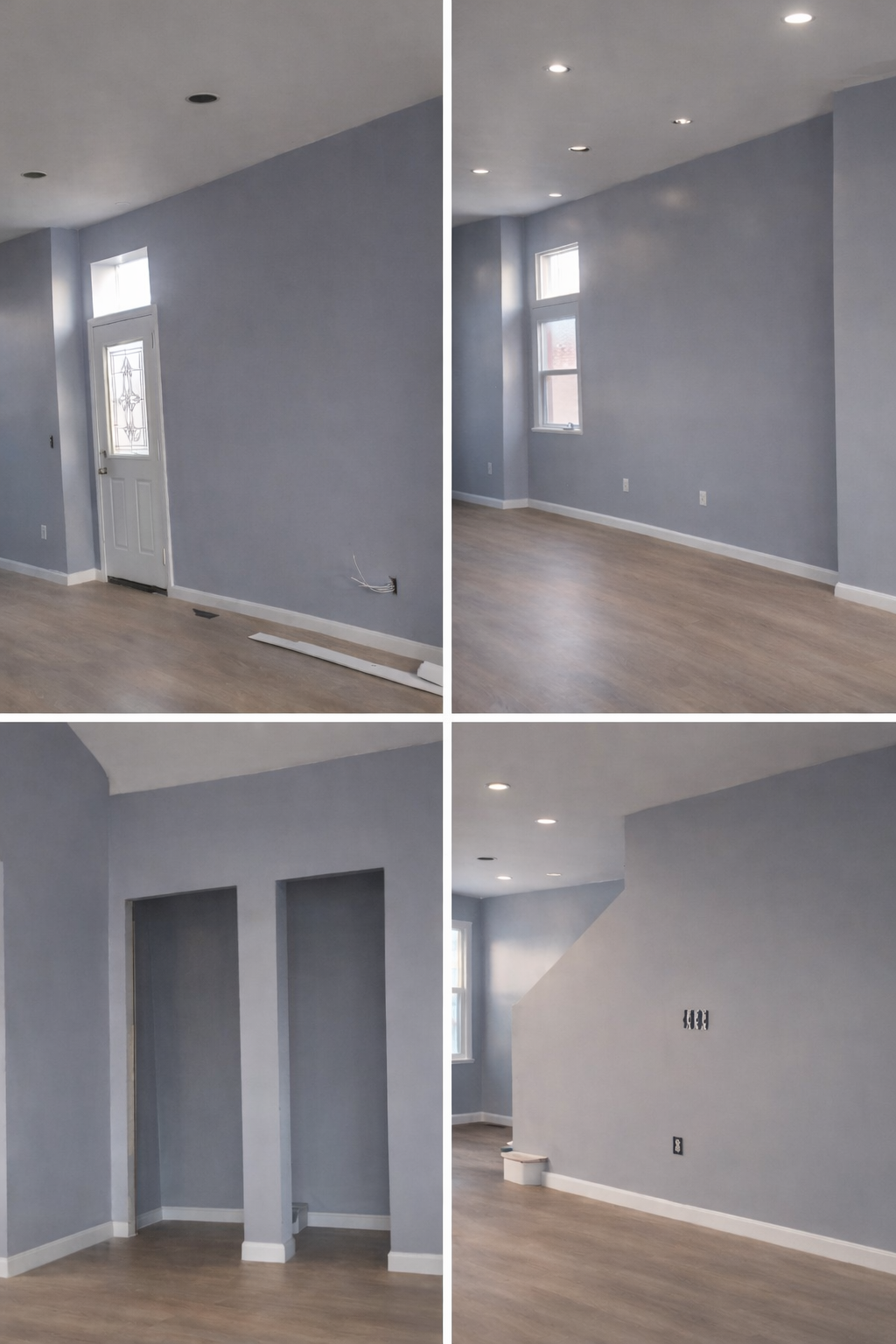 Empty room with light blue walls, hardwood floors, with windows and recessed lighting, showing different angles of the space.