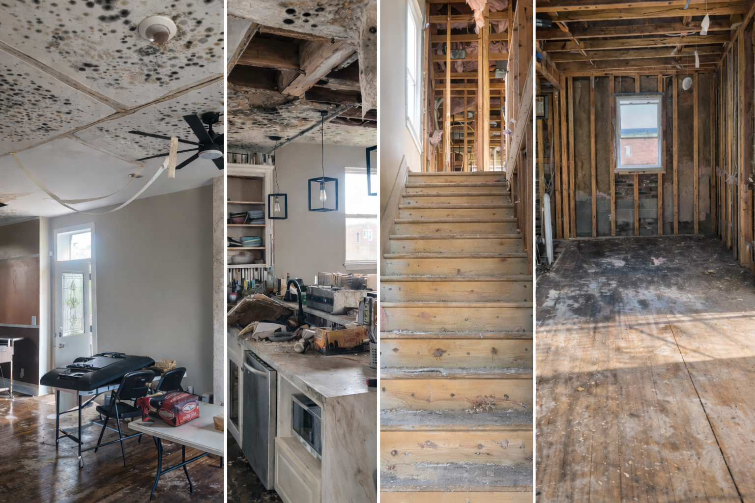 Collage of four stages of home renovation: first shows a living room with a damaged ceiling and debris, second shows a messy kitchen with construction tools, third shows a staircase under construction, and fourth shows an unfinished room with exposed wall studs and a window.