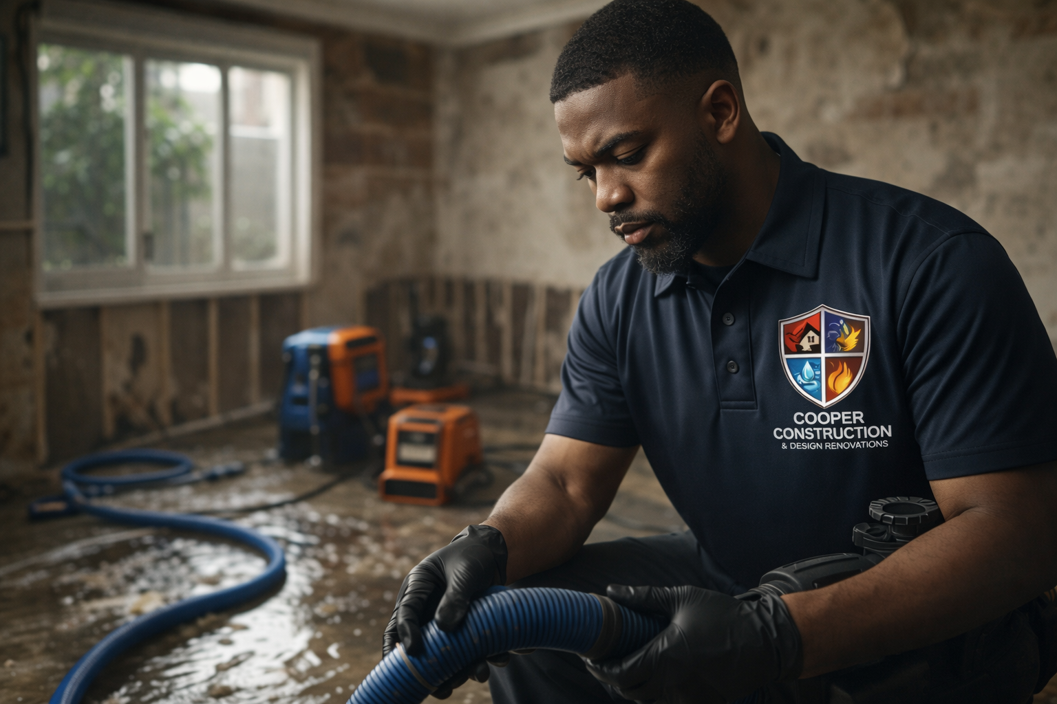A man wearing a Cooper Construction shirt and black gloves working with a flexible hose in a room under renovation, with construction tools and equipment in the background.