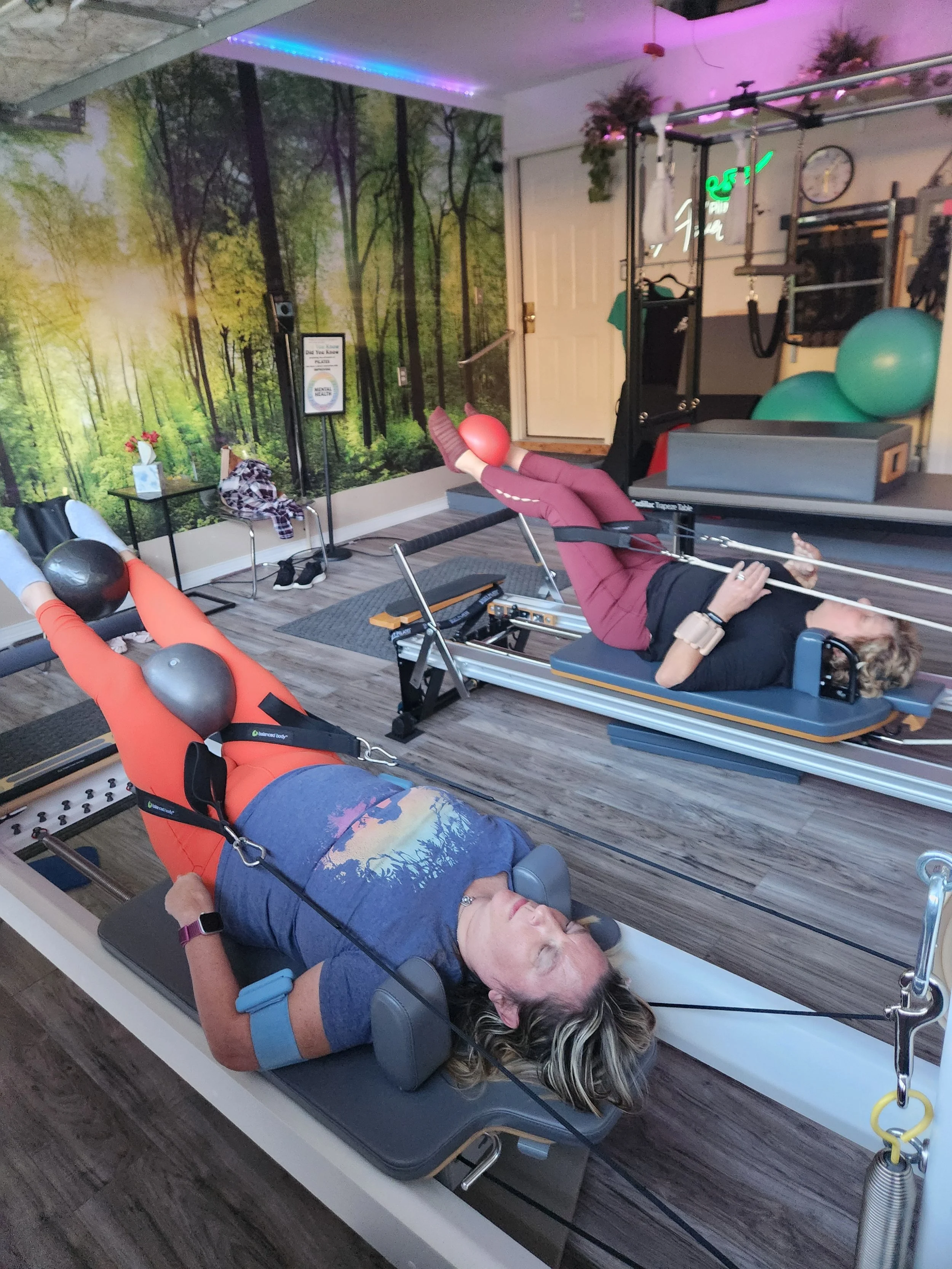 Two women exercising on Pilates reformers in a fitness studio with a forest mural on the wall and various exercise equipment including stability balls and resistance bands.