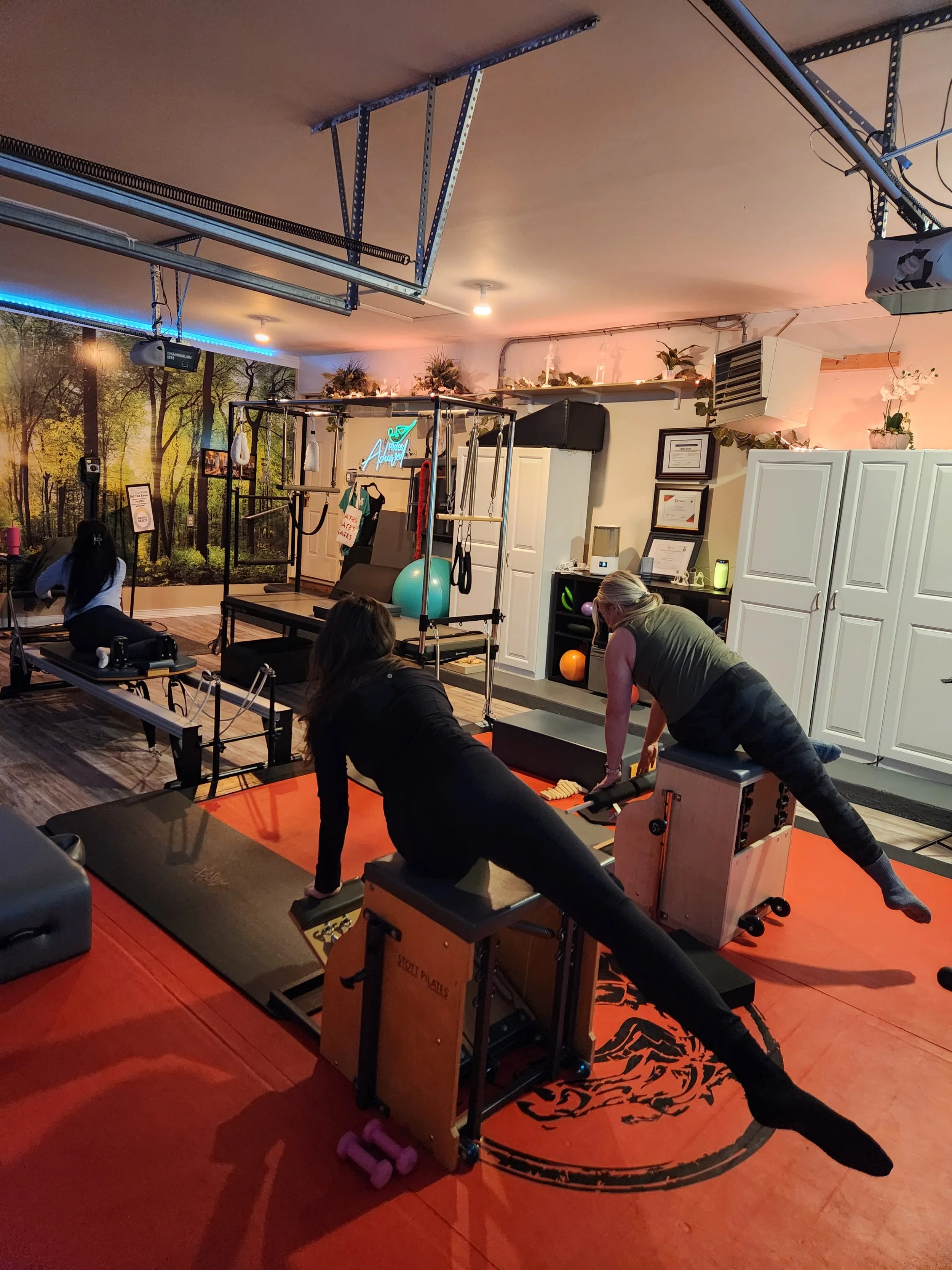 Two women stretching with Pilates reformer equipment in a gym with a forest mural on the wall and fitness gear on shelves.