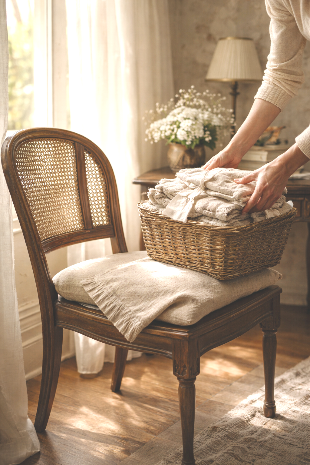 Chair and hands holding laundry representing local furniture and household item donation options through community-based apps similar to Nextdoor.