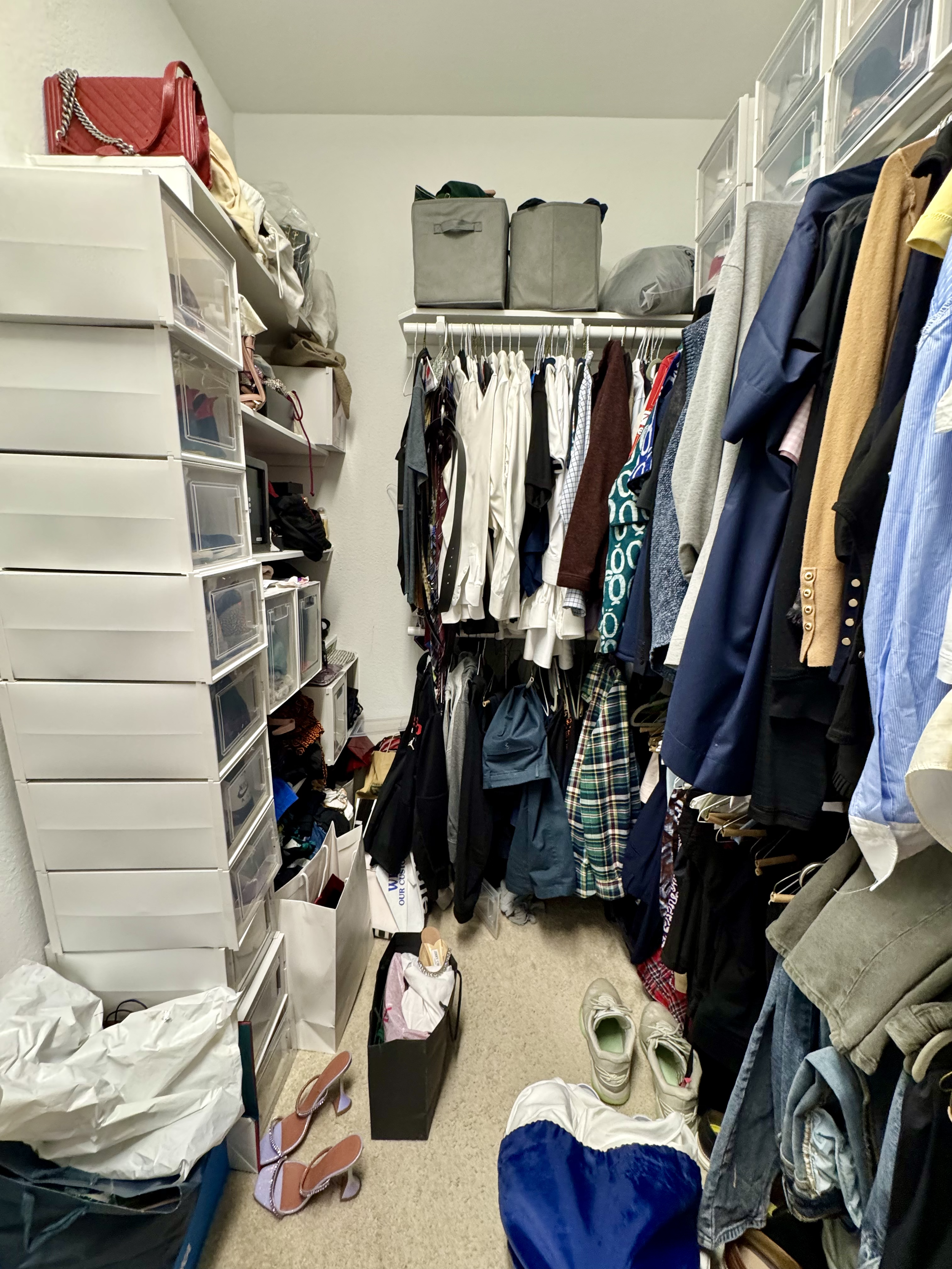 Before Crystal Aura Organizing closet organizing project in Sugar Land improving flow in a shared closet space.