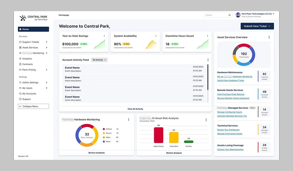 Version exploring notification feed, asset breakdown by service and CTAs, asset monitoring and AI risk analysis panels