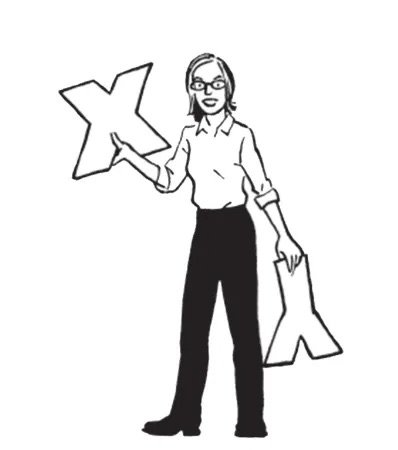 black and white drawing of a woman with glasses, white blouse, black pants, holding the letters X and Y