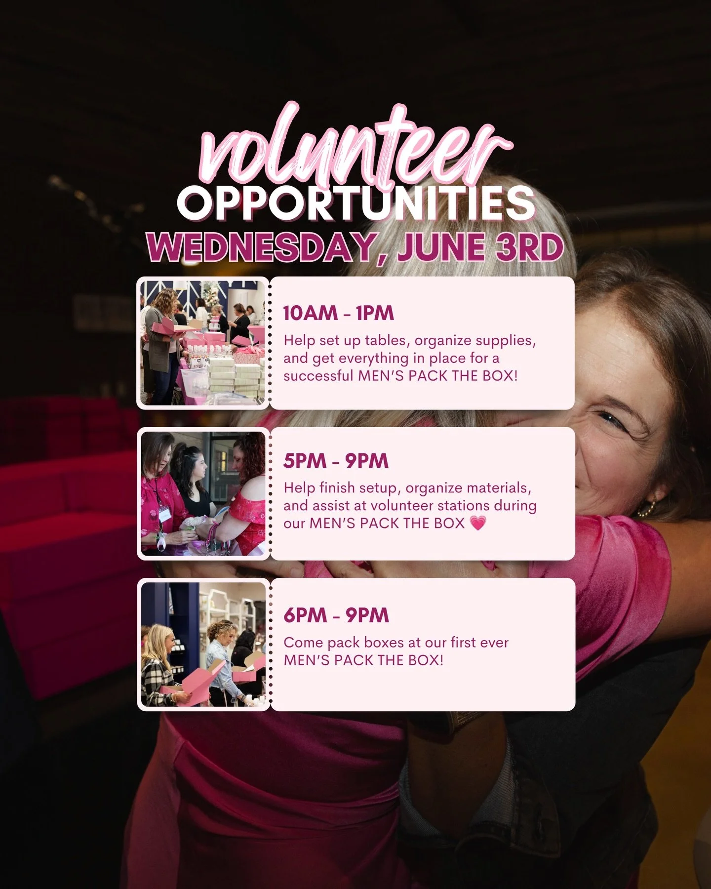 TOMORROW!🩵

We&rsquo;re looking for volunteers to help make our first ever MEN&rsquo;S PACK THE BOX a success!! From setup to packing boxes and everything in between. Whether you can give a few hours or join us for the event, we&rsquo;d love to have