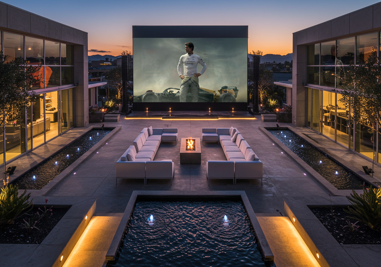 Micro LED Screens by Pixals. LA Luxury outdoor home theater with modern design, featuring a large screen displaying a film of a person in racing attire. Surrounded by sleek seating, firepit, and rectangular water features, set in a courtyard at dusk.
