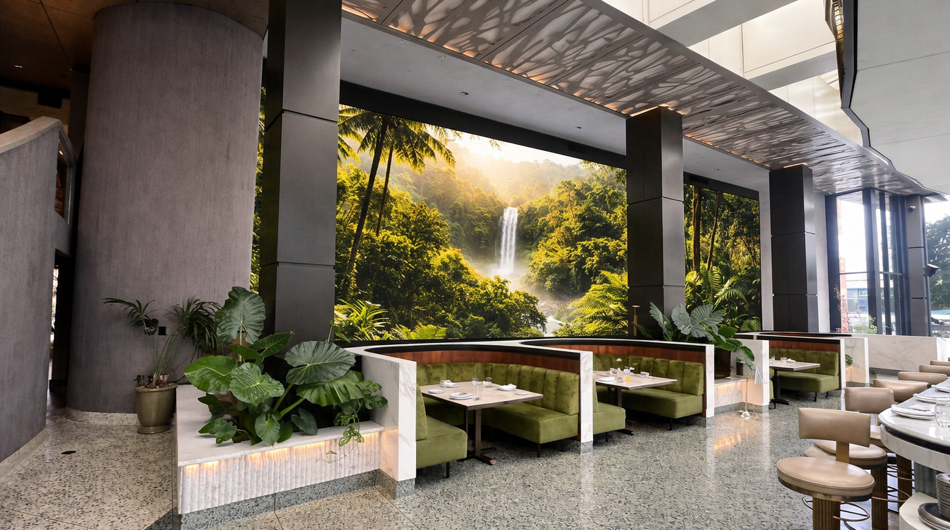 Interior of a modern restaurant with green booth seating, potted plants, and a large window mural of a lush waterfall scene with trees and sunlight.