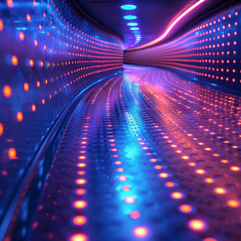 Futuristic tunnel with vibrant blue and pink LED lights