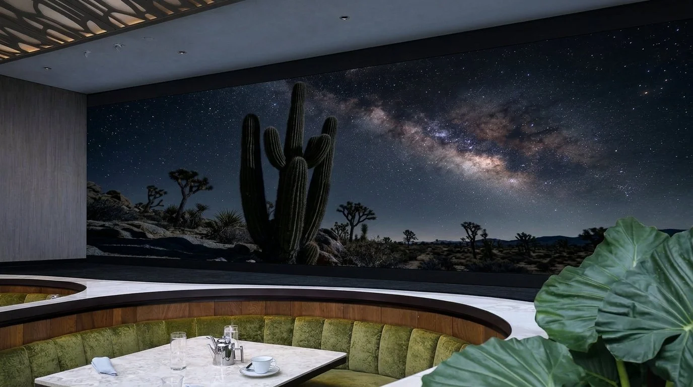 Indoor restaurant with a large window showing a desert night landscape with a starry sky and the Milky Way, cactus, and sparse desert trees.