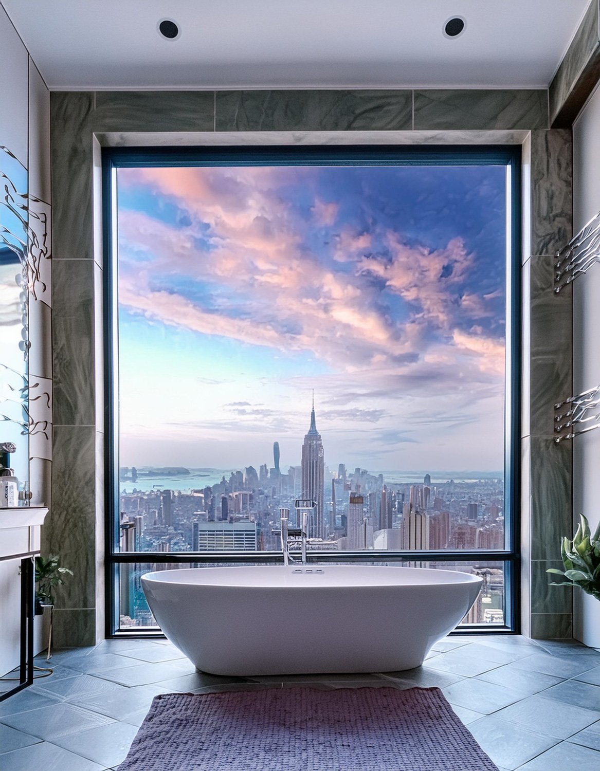 Modern bathroom with a freestanding tub and large window showcasing a city skyline view, featuring a prominent building and a colorful sky.