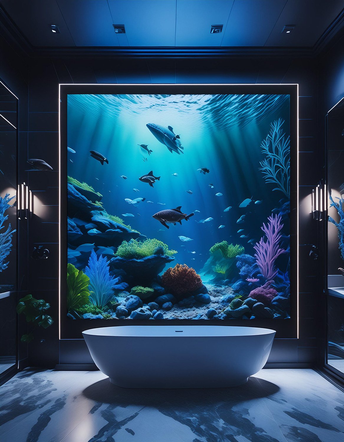 Luxurious bathroom with a large aquarium mural, featuring marine life and coral, above a modern freestanding bathtub.