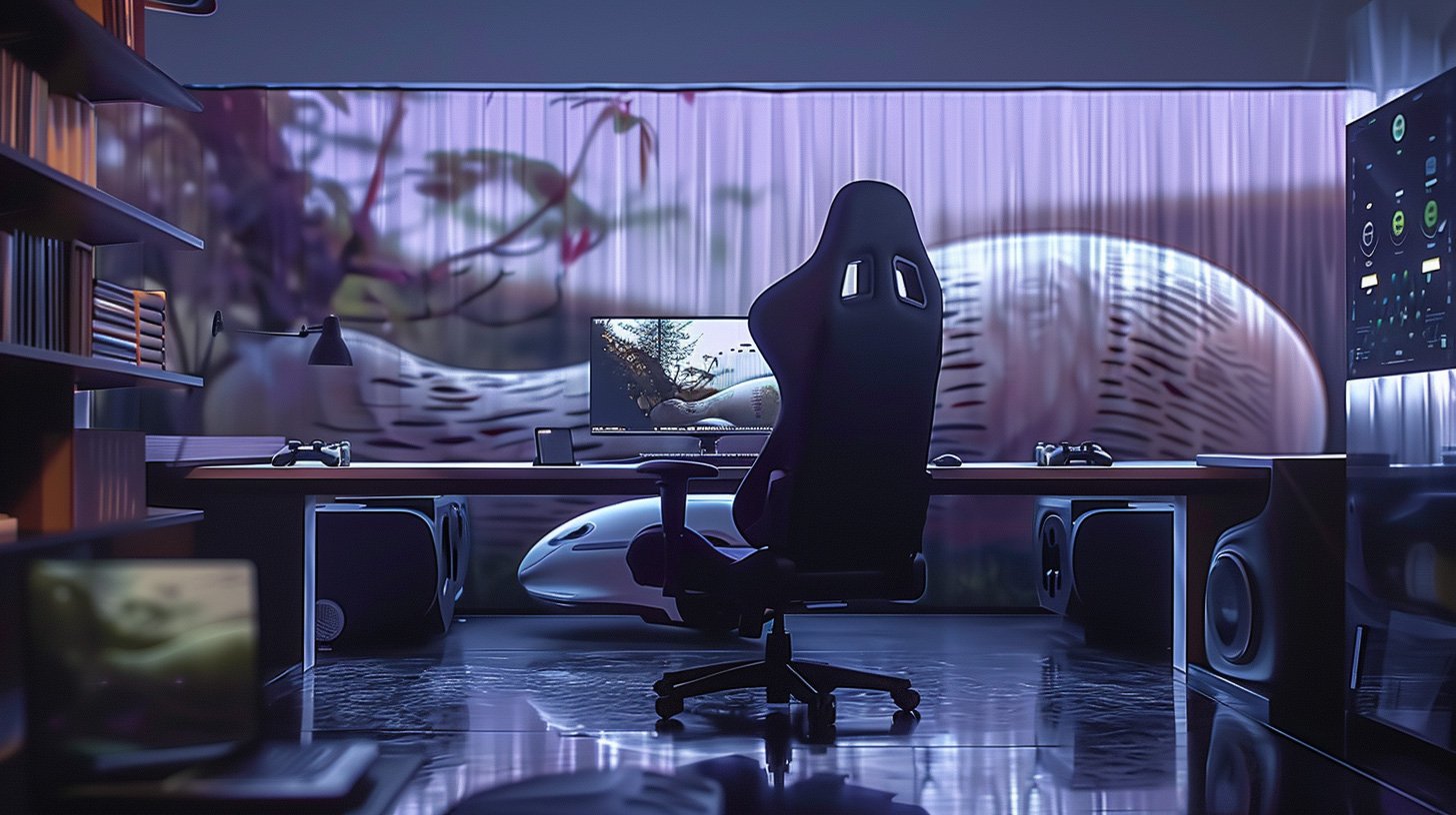 Modern gaming setup with a large monitor, gaming chair, and equipment in a dimly lit room featuring purple lighting and a visually enhanced curtain backdrop.