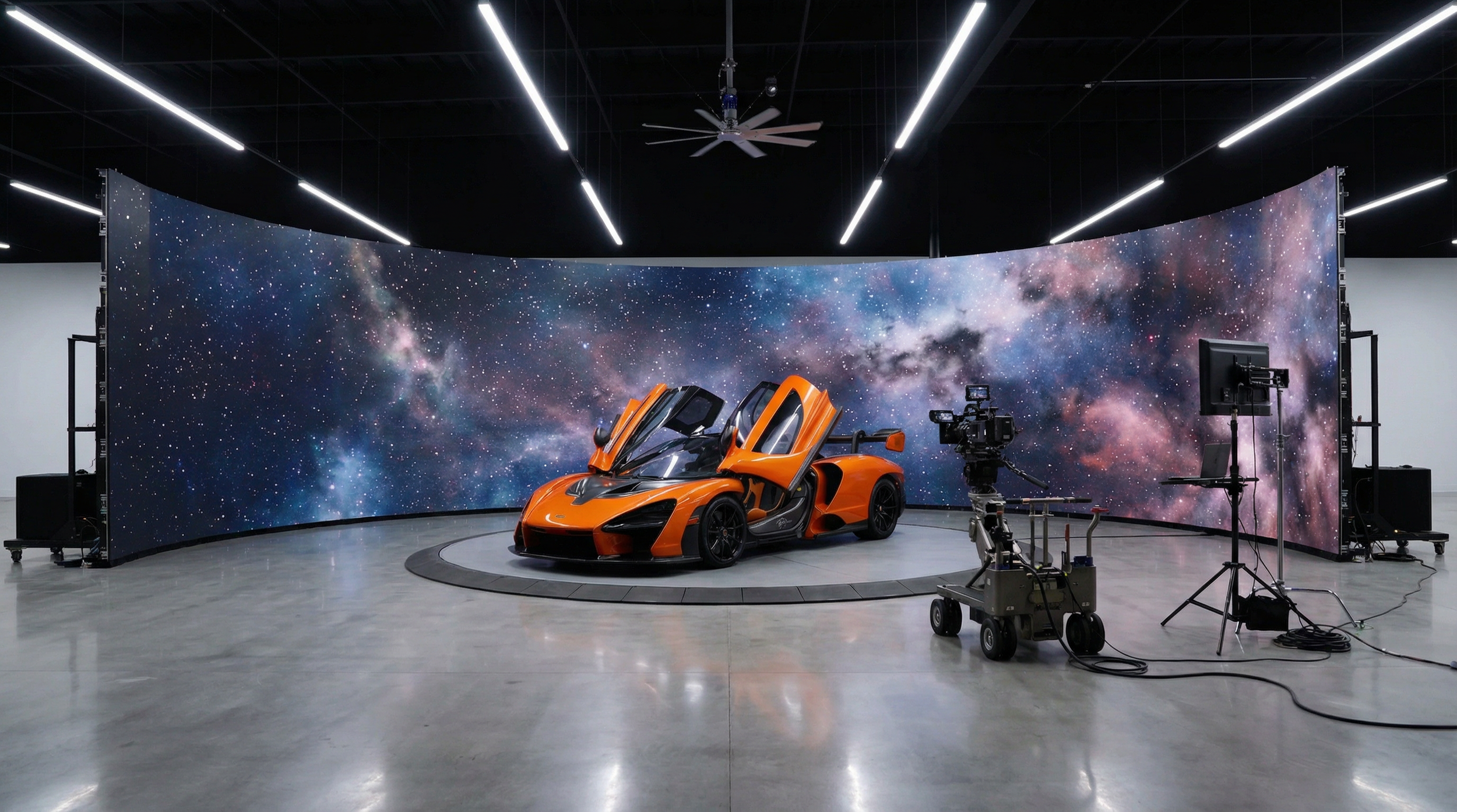 A bright orange sports car with gullwing doors open, positioned in front of a large curved display showing a starry galaxy background inside a studio with filming equipment.