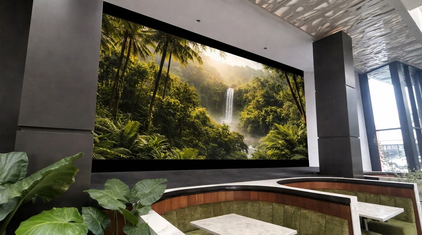 Indoor space with large digital wall display showing a lush jungle with waterfall, green plants, and sunlight, with seating area featuring green upholstered benches and surrounding plants.