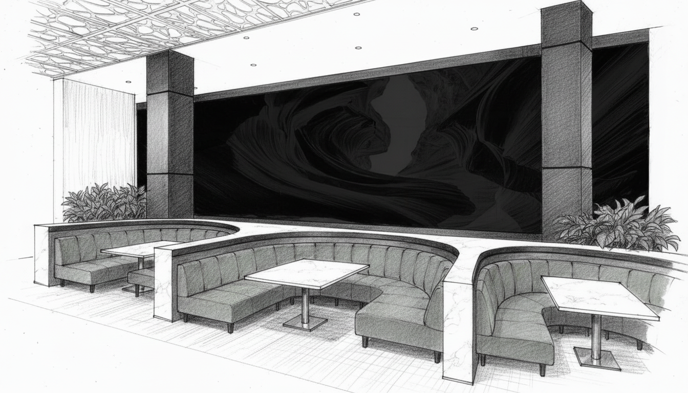 Drawing of a modern lounge with curved booths, tables, a large black abstract wall art, and decorative plants.