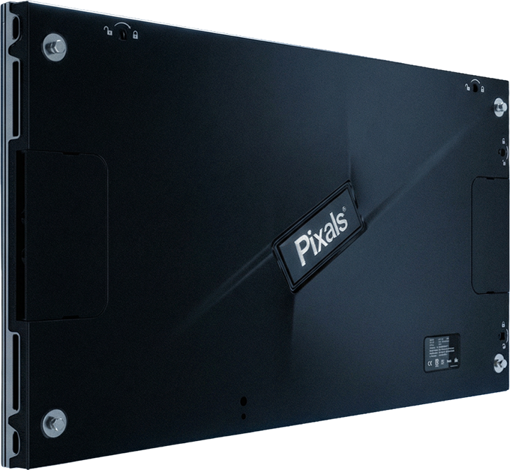 Back view of a Pixlas graphic display controller panel with screws and labels.