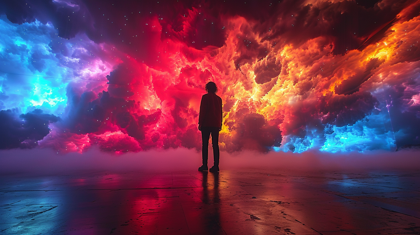 Silhouette of a person standing in front of colorful, illuminated clouds with a starry sky, creating a surreal and vibrant atmosphere.