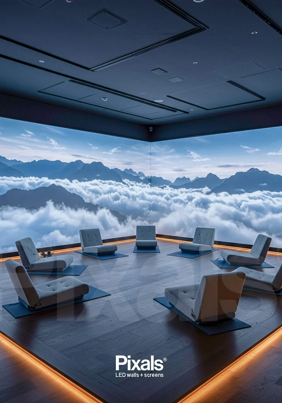 A modern meditation or yoga room with eight reclining chairs arranged in a circle on a wooden floor, with a large LED wall displaying a mountain and cloud landscape, giving an illusion of being high in the mountains.