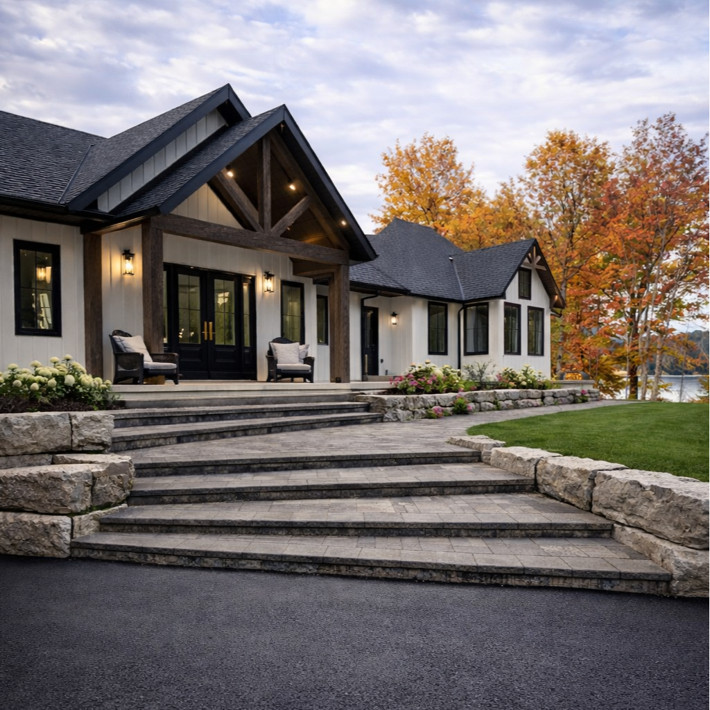 A modern house with a stone staircase leading up to the front porch, surrounded by a well-maintained lawn and autumn trees in the background.