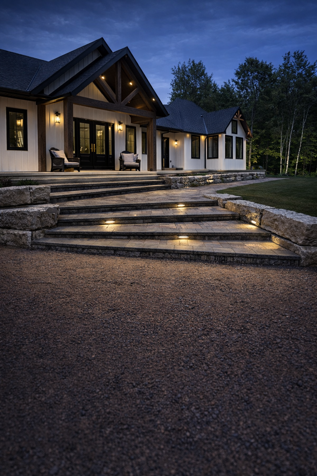 A modern house with a dark roof and white exterior, illuminated by outdoor lighting, with stone steps leading up to the entrance at dusk.