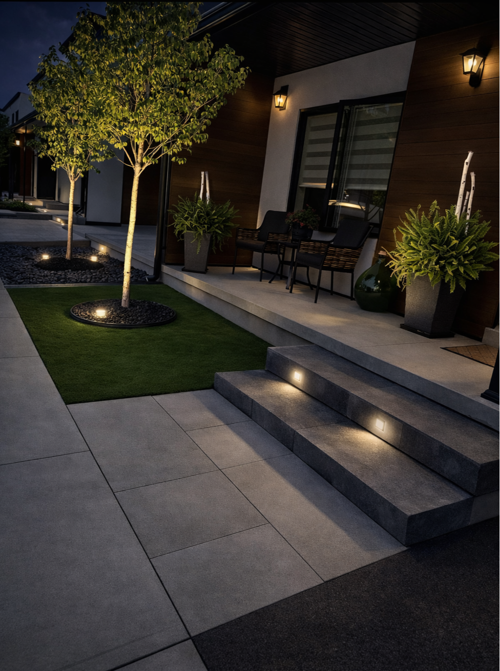Modern front porch at dusk with illuminated steps, two small trees, potted plants, an outdoor seating area, and a well-lit exterior