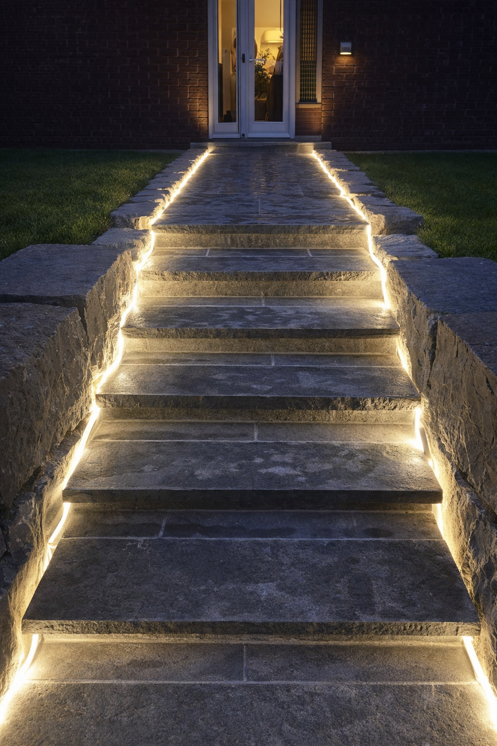 Outdoor stone staircase with LED lighting along the edges leading up to a glass door entrance of a house at night.