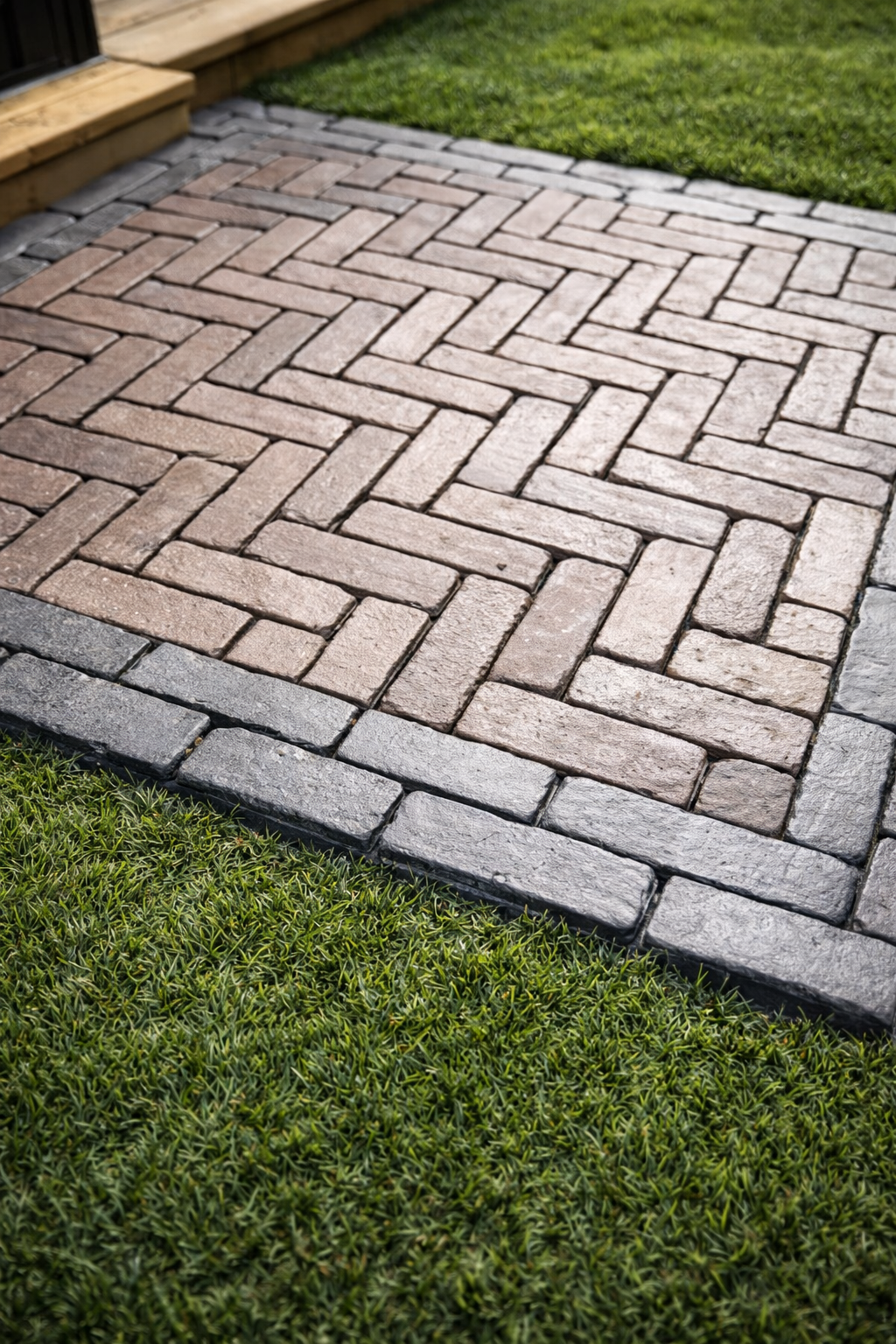 Close-up view of a brick patio with a herringbone pattern, bordered by a row of rectangular stones, next to green grass and a wooden step.