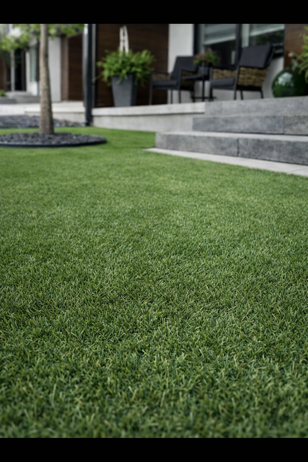Close-up of a well-maintained grassy lawn in front of a house with steps and patio furniture.