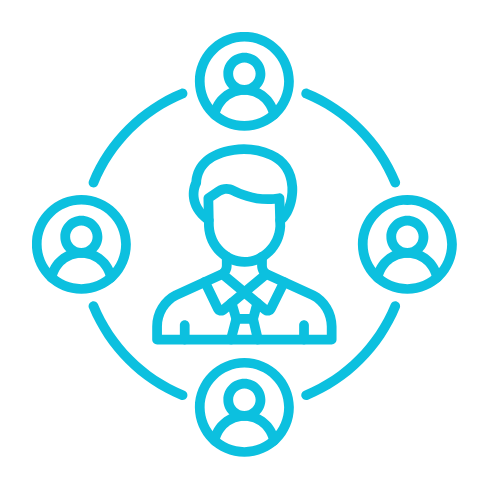 Outline of a person with a suit surrounded by four smaller user icons connected with lines, representing a network or team.