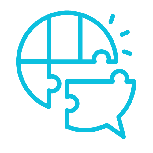 Illustration of a blue globe with puzzle pieces and a speech bubble, symbolizing global communication or problem-solving.