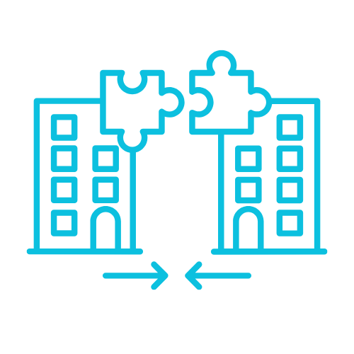 Two buildings with interconnected puzzle pieces above a double-headed arrow.